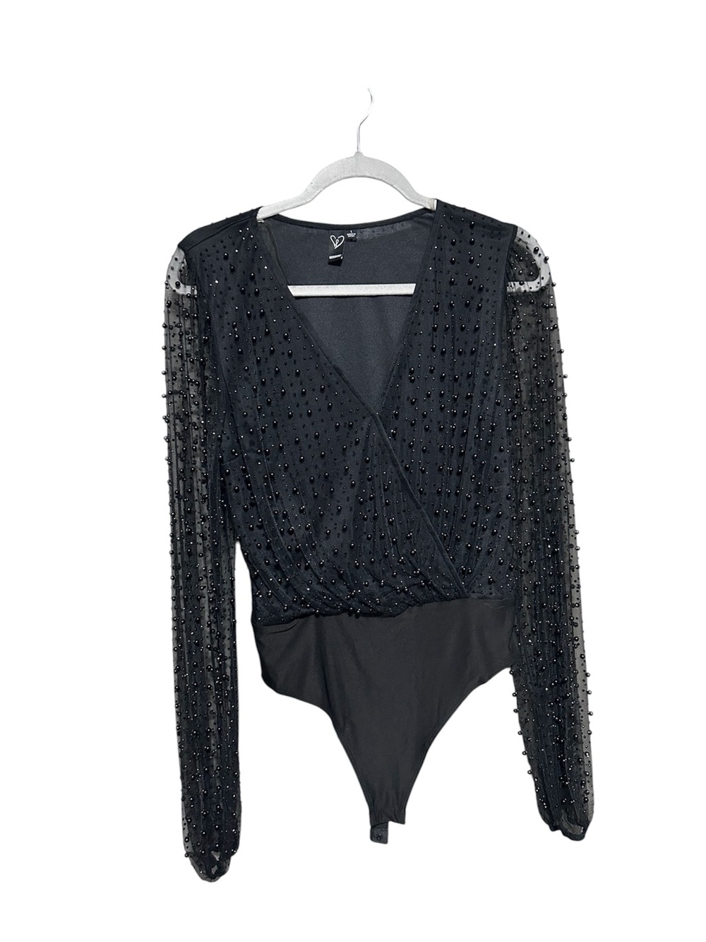 Windsor Black Pearl Mesh Bodysuit | Sheer Long Sleeve Party Top | Glam Evening